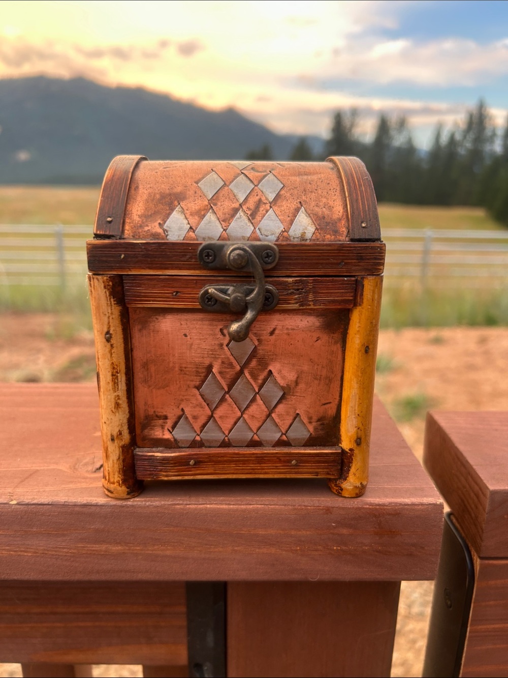 Vintage Bamboo Wood Trinket Box with Copper and Silver-Tone Accents.